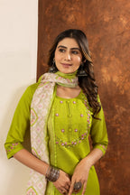 Sonakshi Women's Parrot Marina Silk Multi Embroidered Thread With Hand Work Kurta Set With Dupatta | Grocsy