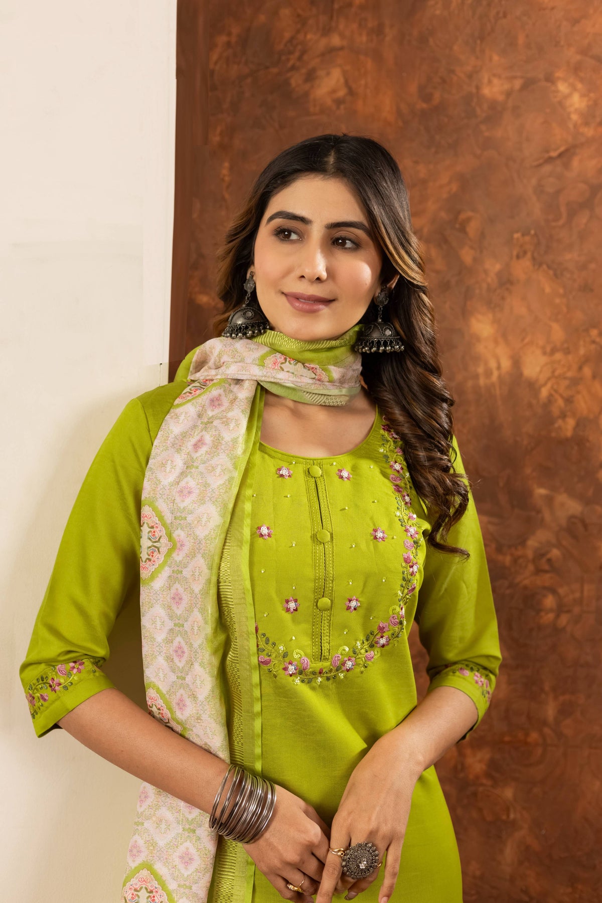 Sonakshi Women's Parrot Marina Silk Multi Embroidered Thread With Hand Work Kurta Set With Dupatta | Grocsy
