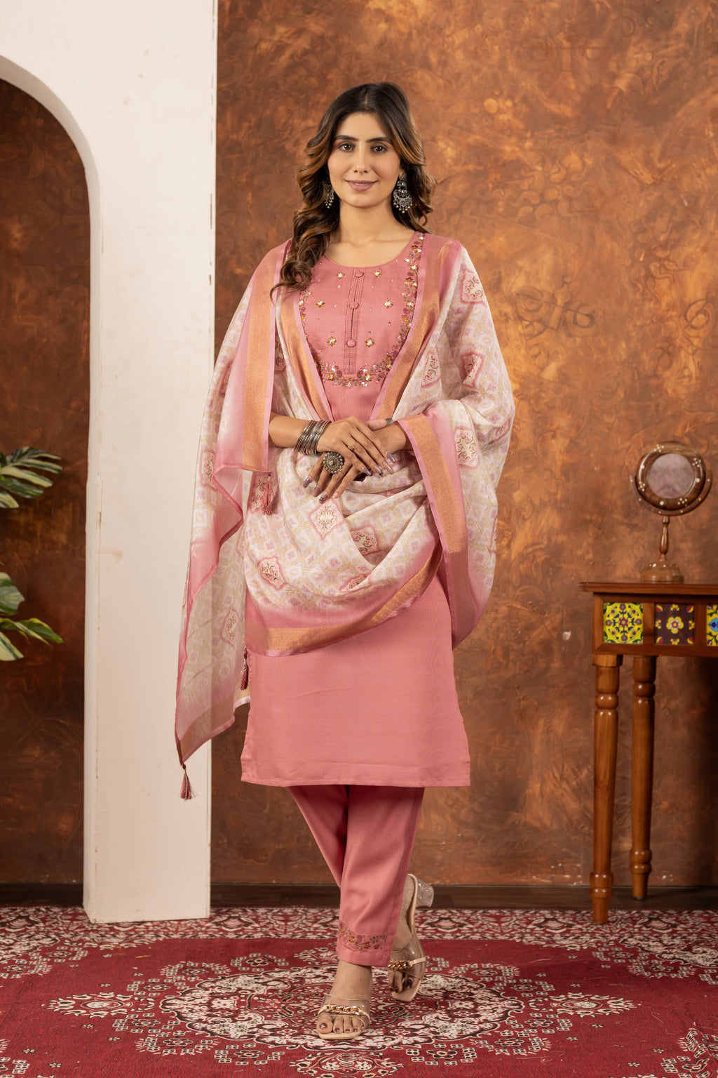 Sonakshi Women's Peach Marina Silk Multi Embroidered Thread With Hand Work Kurta Set With Dupatta | Grocsy