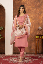 Sonakshi Women's Peach Marina Silk Multi Embroidered Thread With Hand Work Kurta Set With Dupatta | Grocsy