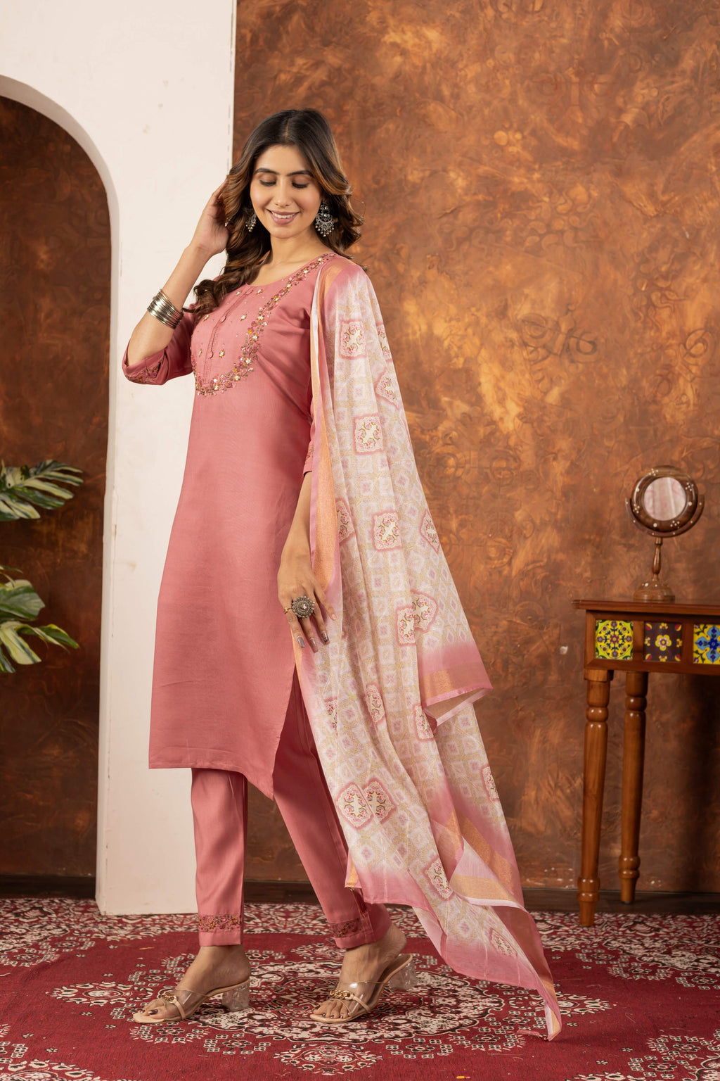 Sonakshi Women's Peach Marina Silk Multi Embroidered Thread With Hand Work Kurta Set With Dupatta | Grocsy