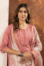 Sonakshi Women's Peach Marina Silk Multi Embroidered Thread With Hand Work Kurta Set With Dupatta | Grocsy