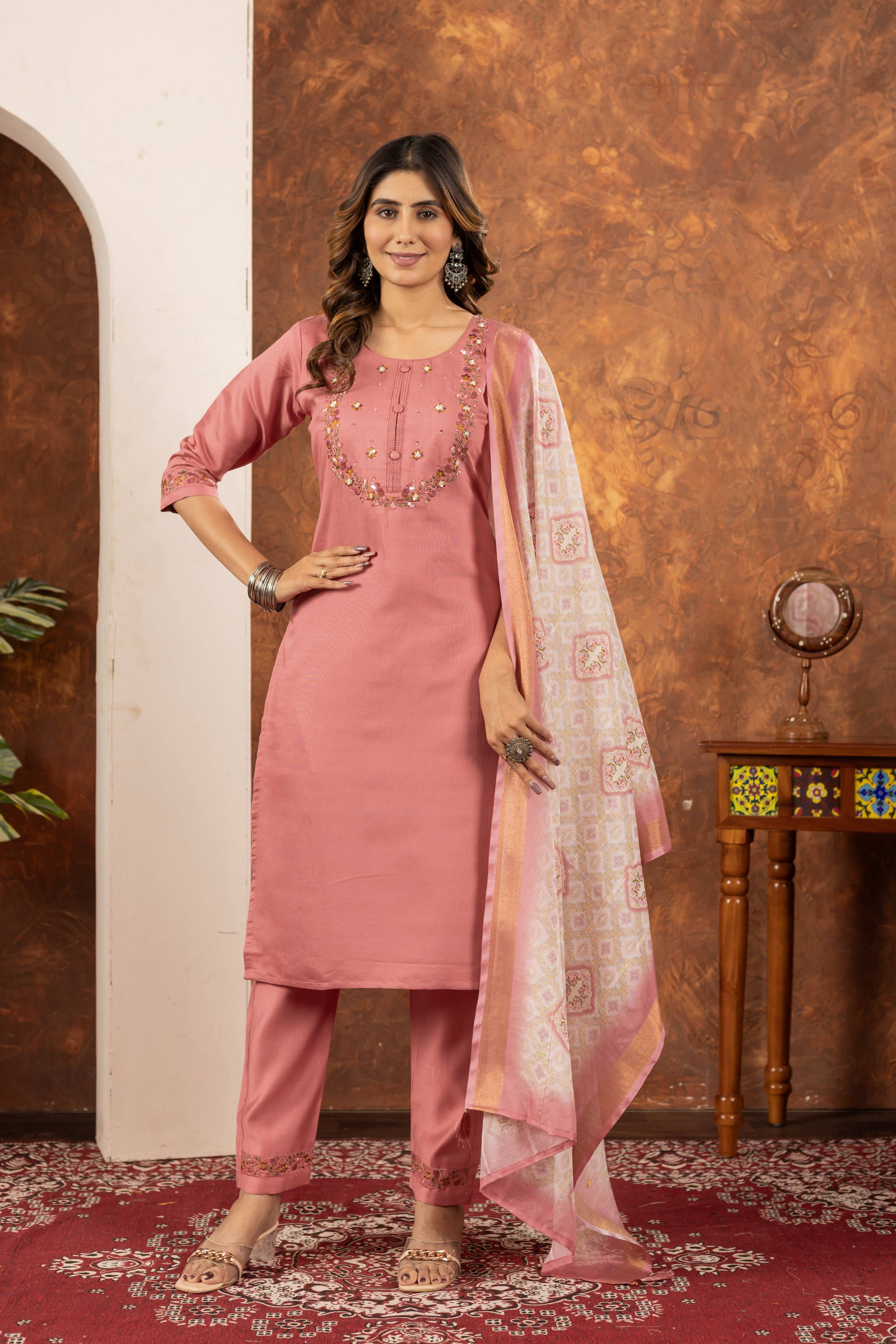 Sonakshi Women's Peach Marina Silk Multi Embroidered Thread With Hand Work Kurta Set With Dupatta | Grocsy