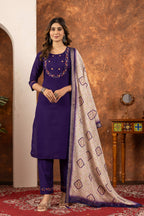 Sonakshi Women's Purple Marina Silk Multi Embroidered Thread With Hand Work Kurta Set With Dupatta | Grocsy