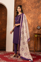 Sonakshi Women's Wine Marina Silk Multi Embroidered Thread With Hand Work Kurta Set With Dupatta | Grocsy