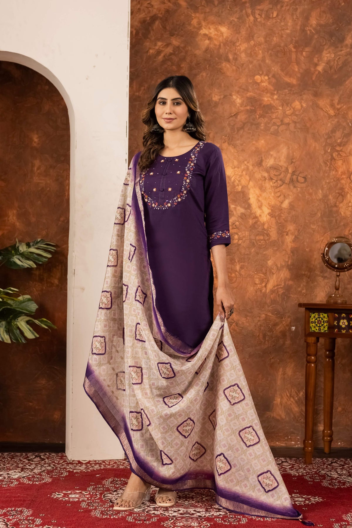 Sonakshi Women's Wine Marina Silk Multi Embroidered Thread With Hand Work Kurta Set With Dupatta | Grocsy