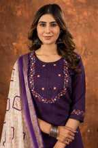 Sonakshi Women's Wine Marina Silk Multi Embroidered Thread With Hand Work Kurta Set With Dupatta | Grocsy