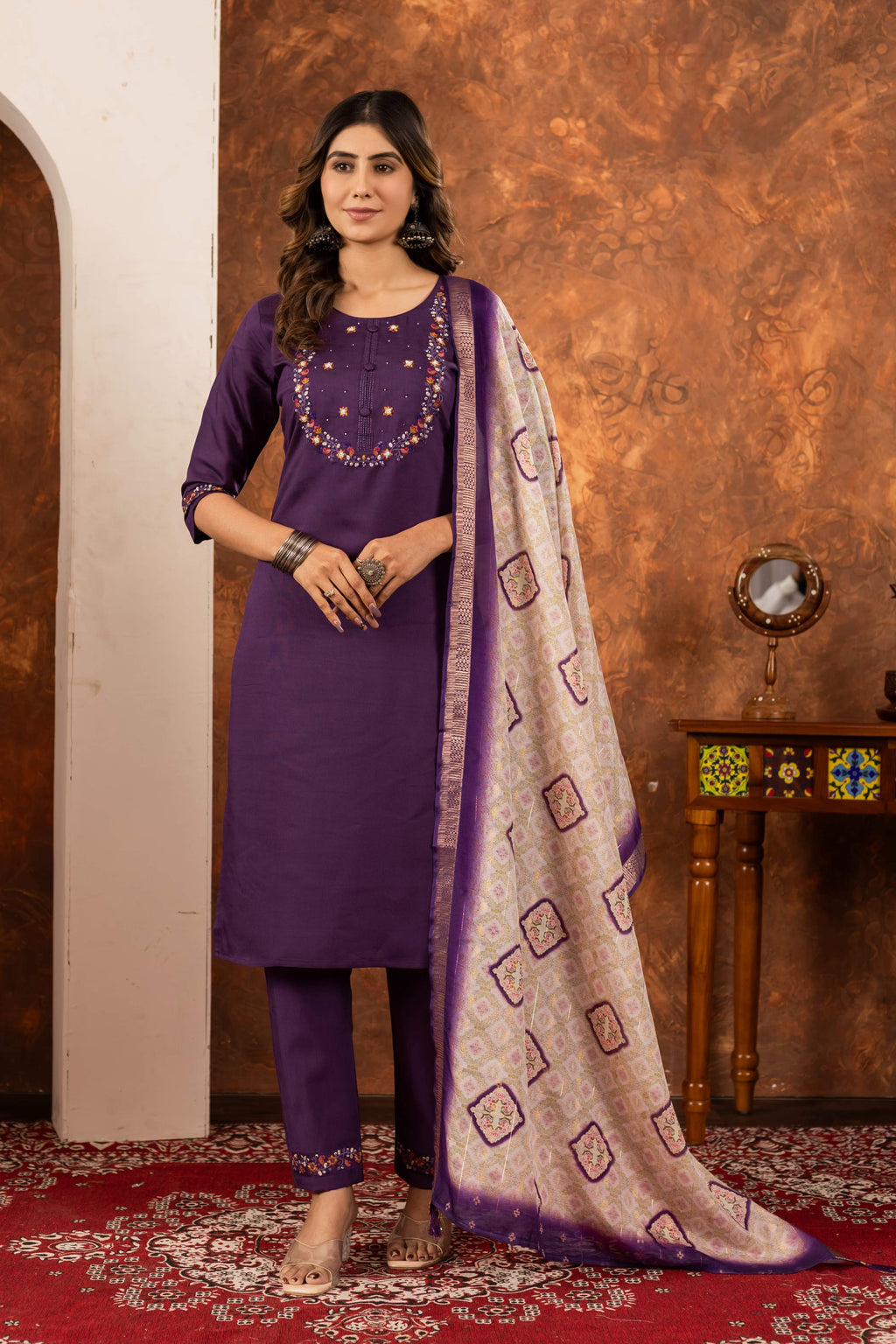 Sonakshi Women's Wine Marina Silk Multi Embroidered Thread With Hand Work Kurta Set With Dupatta | Grocsy