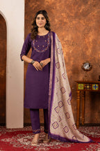 Sonakshi Women's Wine Marina Silk Multi Embroidered Thread With Hand Work Kurta Set With Dupatta | Grocsy