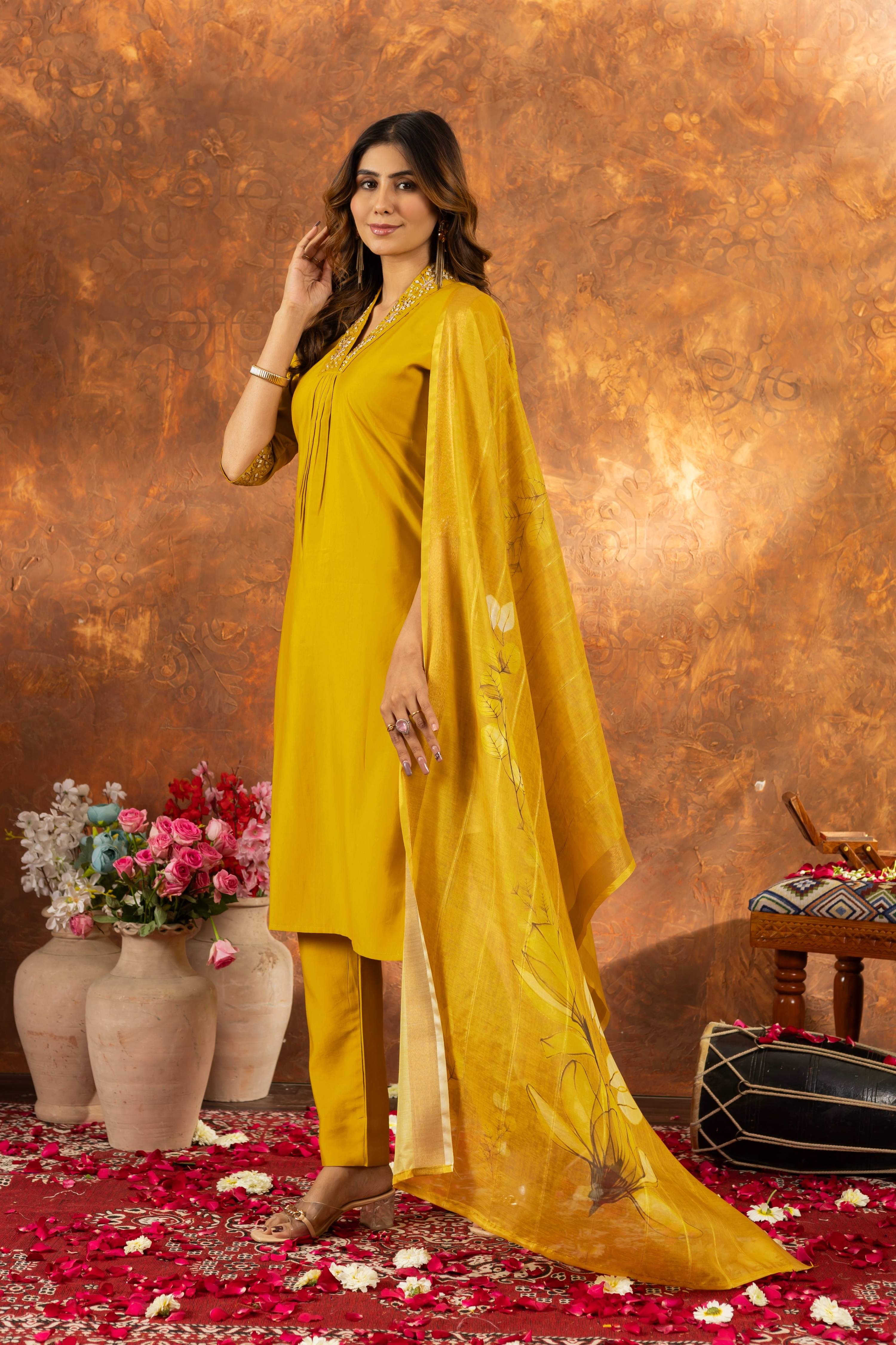 Sonakshi Women's Yellow Roman Silk Multi Embroidered Sequins With Hand Work Kurta Set With Dupatta | Grocsy
