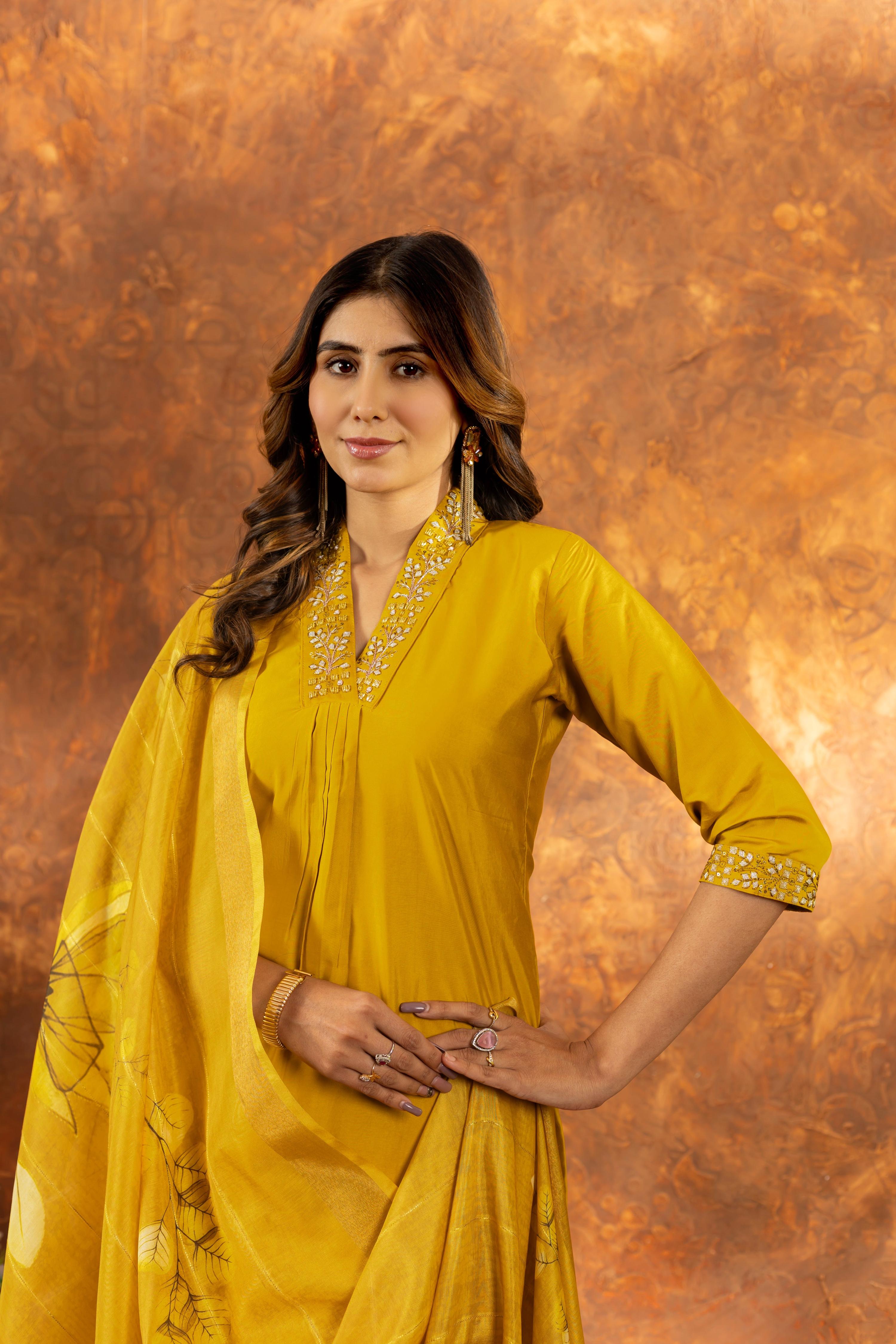Sonakshi Women's Yellow Roman Silk Multi Embroidered Sequins With Hand Work Kurta Set With Dupatta | Grocsy