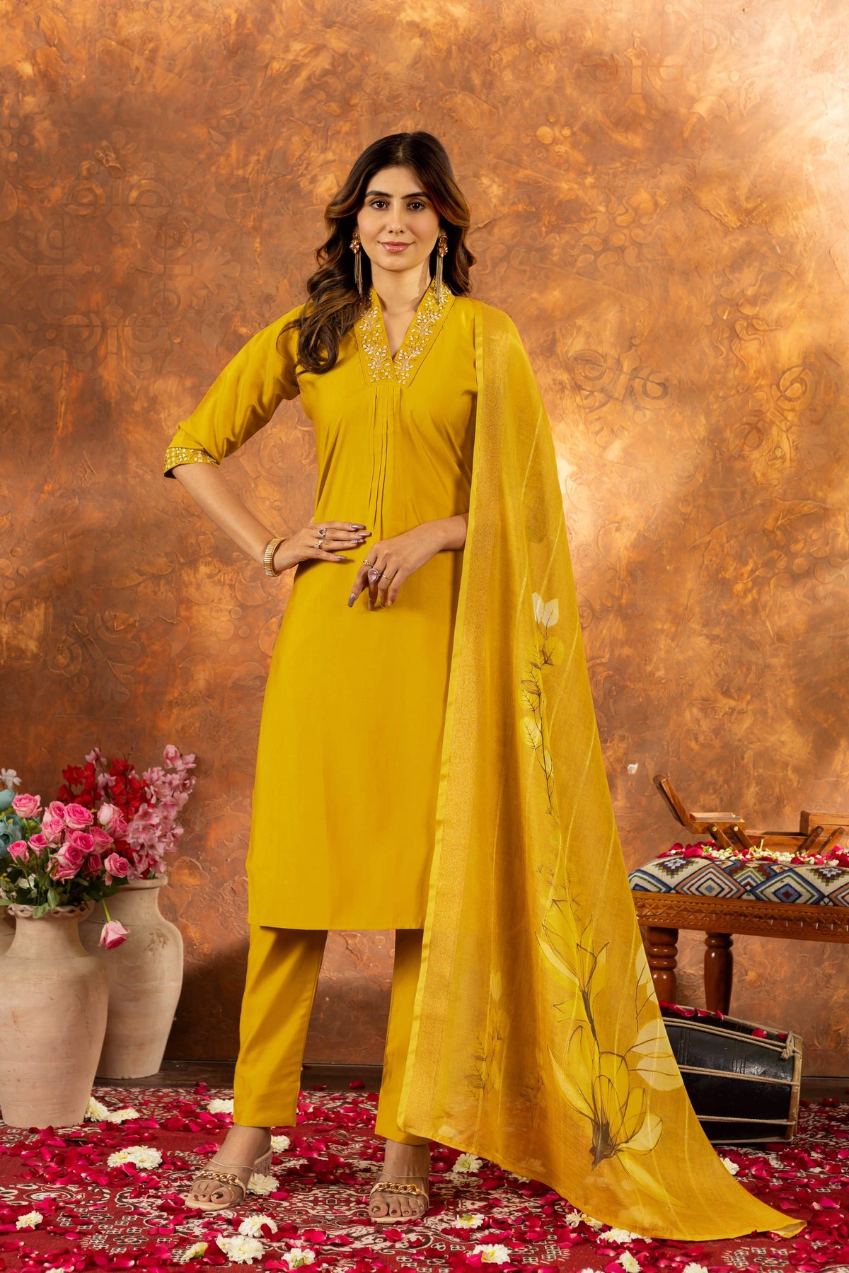 Sonakshi Women's Yellow Roman Silk Multi Embroidered Sequins With Hand Work Kurta Set With Dupatta | Grocsy