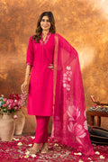 Sonakshi Women's Pink Roman Silk Multi Embroidered Sequins With Hand Work Kurta Set With Dupatta | Grocsy
