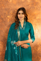 Sonakshi Women's Rama Roman Silk Multi Embroidered Sequins With Hand Work Kurta Set With Dupatta | Grocsy