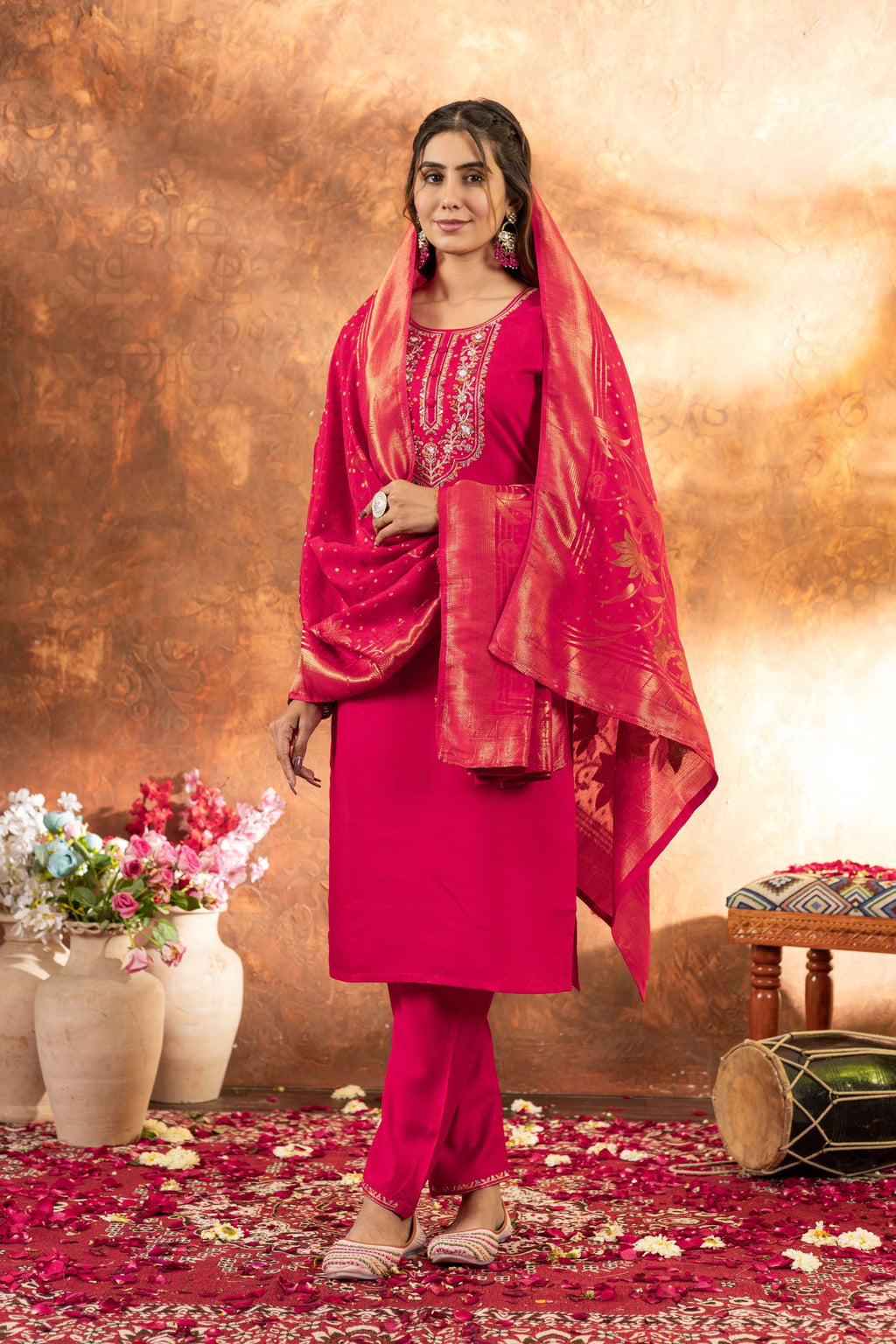 Sonakshi Women's Pink Roman Silk Multi Embroidered Sequins With Hand Work Kurta Set With Dupatta | Grocsy