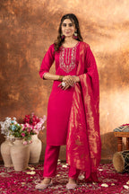 Sonakshi Women's Pink Roman Silk Multi Embroidered Sequins With Hand Work Kurta Set With Dupatta | Grocsy