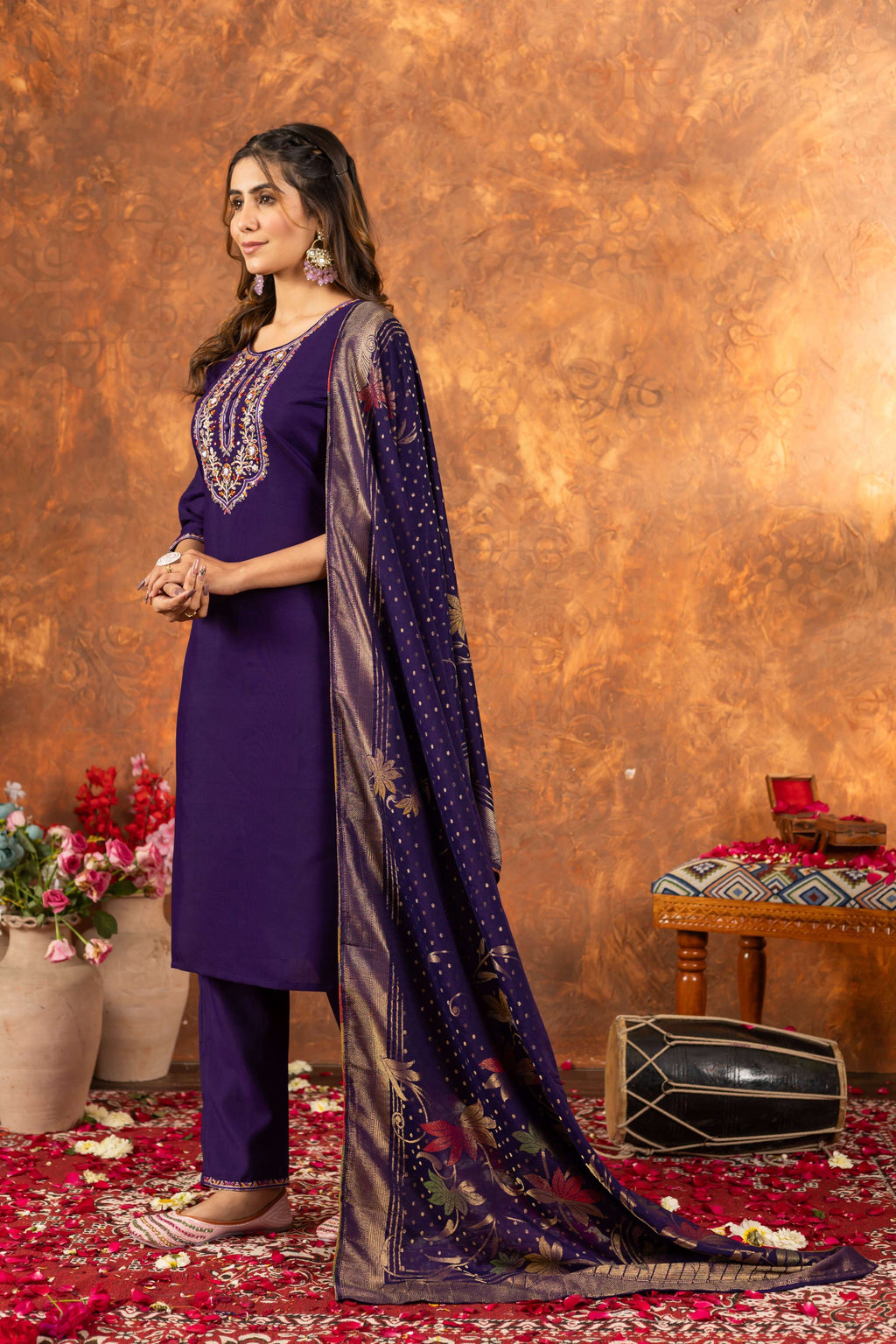 Sonakshi Women's Purple Roman Silk Multi Embroidered Sequins With Hand Work Kurta Set With Dupatta | Grocsy