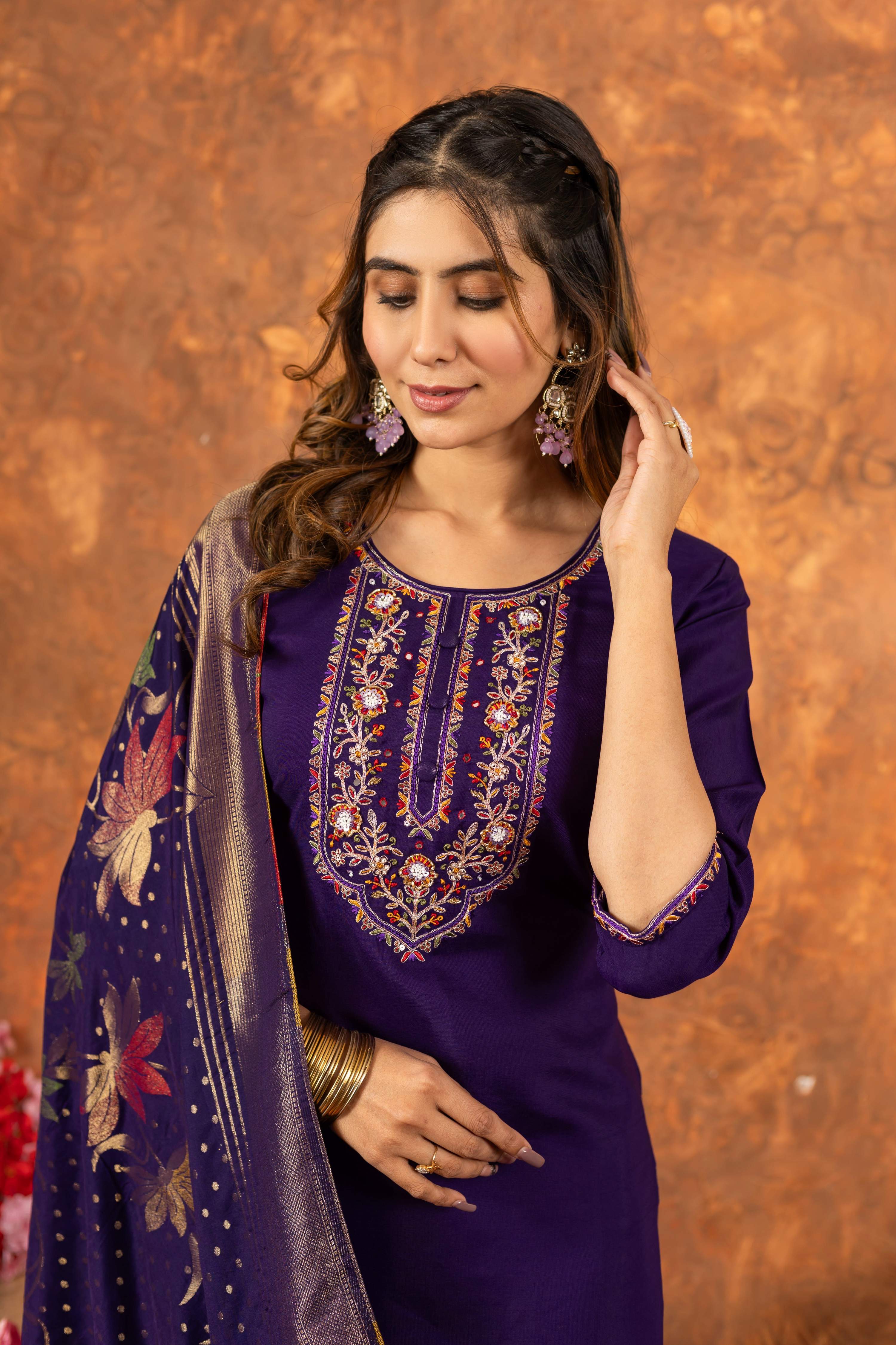 Sonakshi Women's Purple Roman Silk Multi Embroidered Sequins With Hand Work Kurta Set With Dupatta | Grocsy