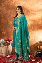 Sonakshi Women's Teal Roman Silk Multi Embroidered Sequins With Hand Work Kurta Set With Dupatta | Grocsy