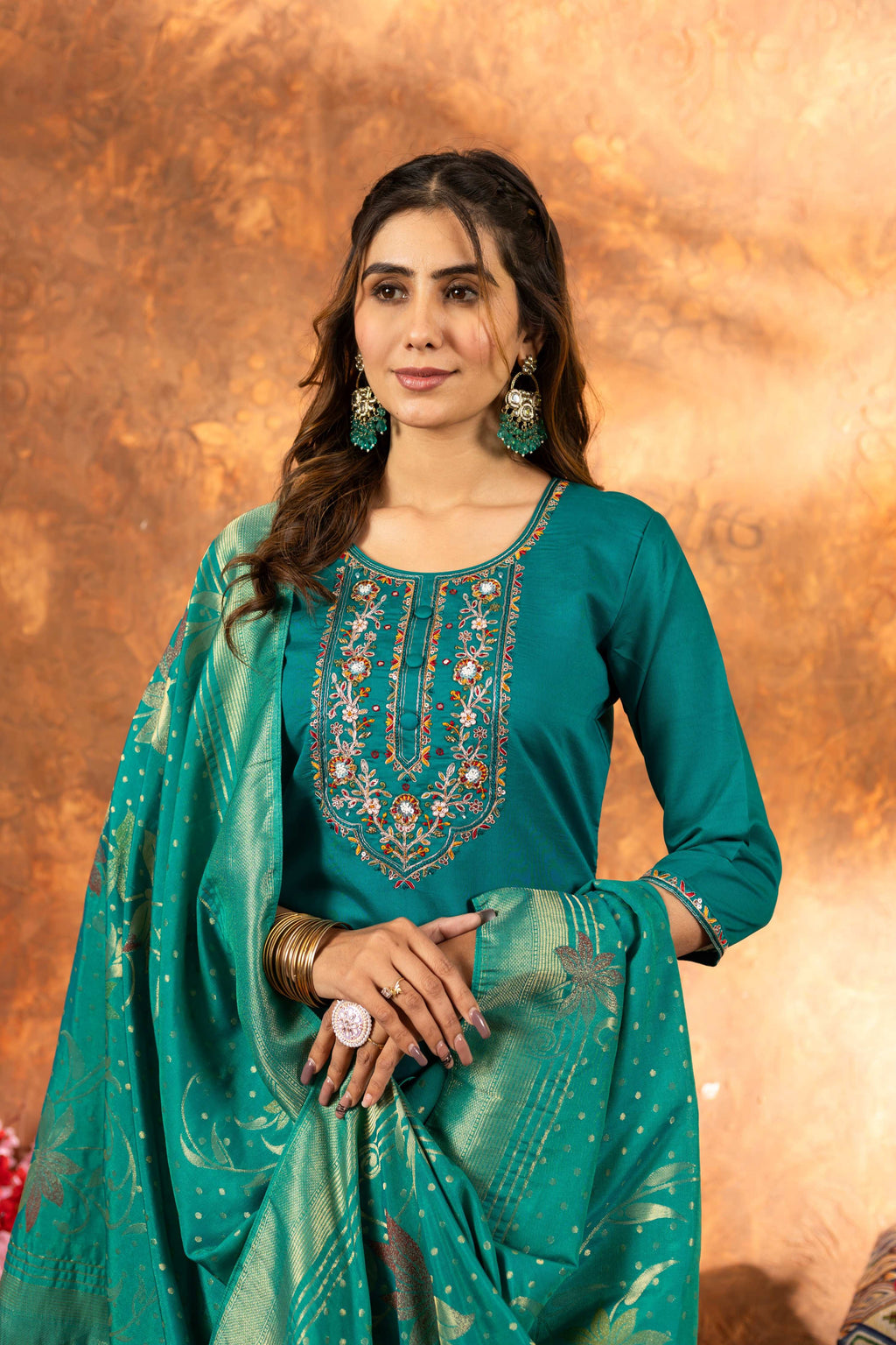 Sonakshi Women's Teal Roman Silk Multi Embroidered Sequins With Hand Work Kurta Set With Dupatta | Grocsy
