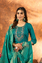 Sonakshi Women's Teal Roman Silk Multi Embroidered Sequins With Hand Work Kurta Set With Dupatta | Grocsy