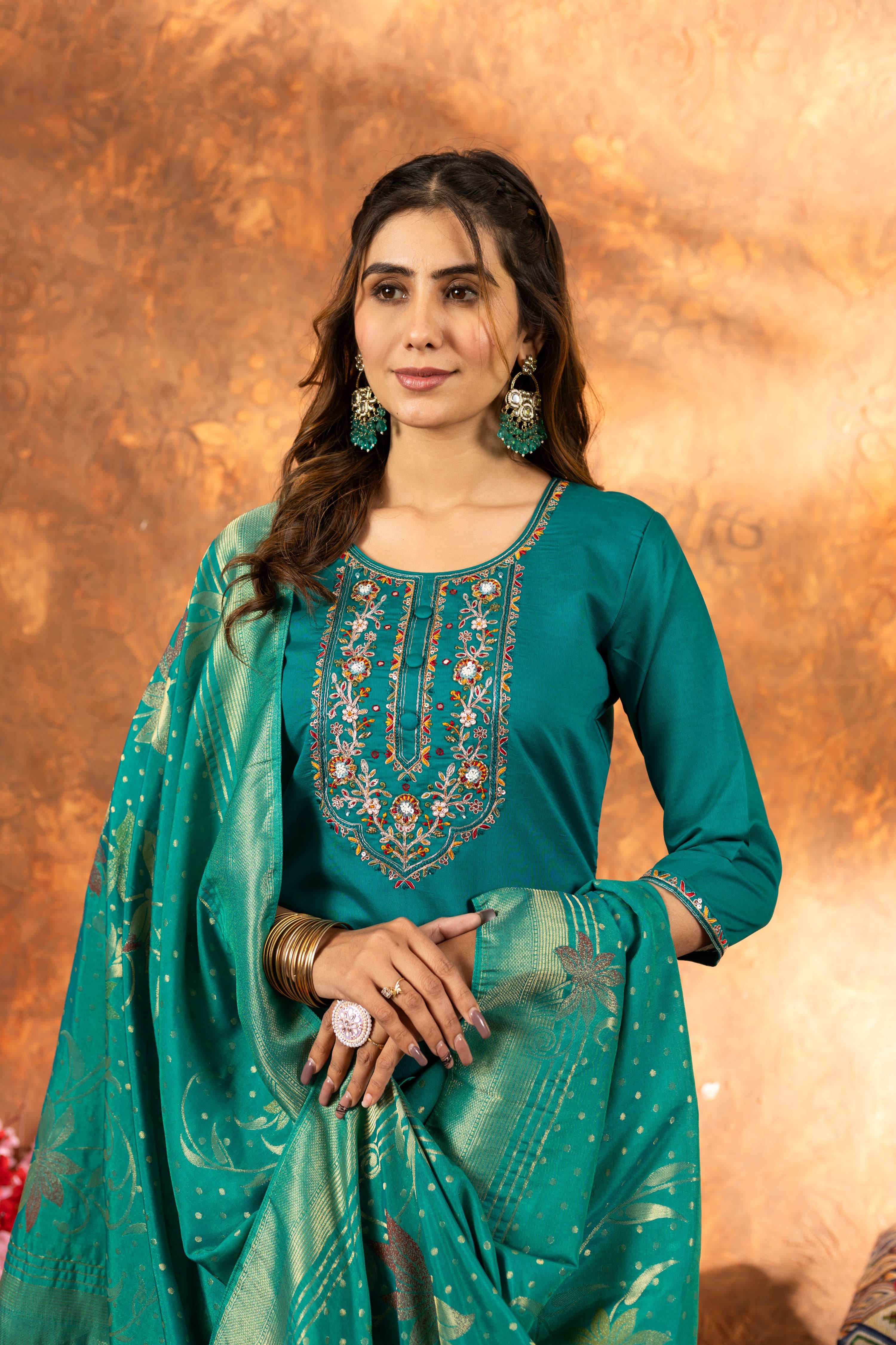 Sonakshi Women's Teal Roman Silk Multi Embroidered Sequins With Hand Work Kurta Set With Dupatta | Grocsy