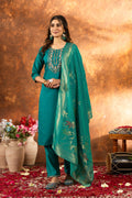 Sonakshi Women's Teal Roman Silk Multi Embroidered Sequins With Hand Work Kurta Set With Dupatta | Grocsy