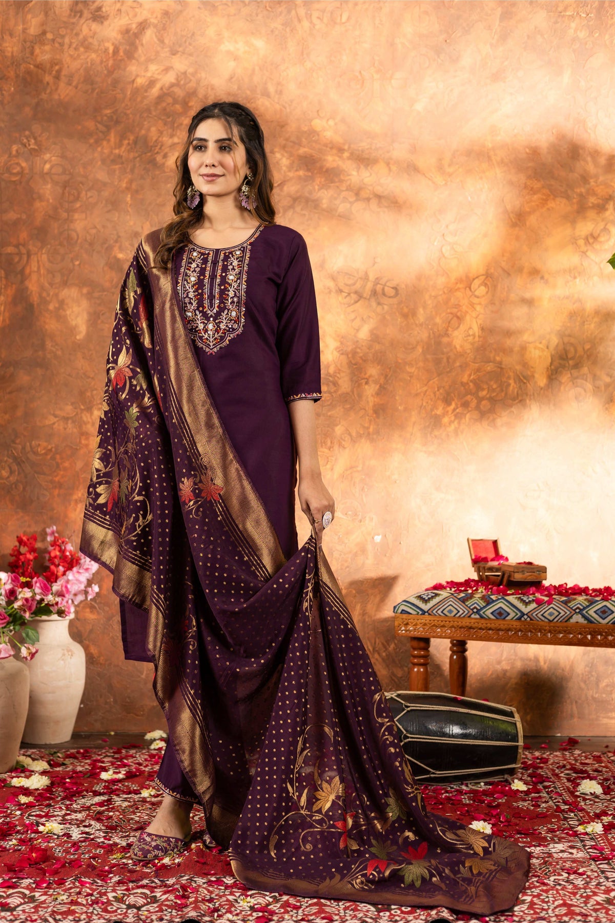 Sonakshi Women's Wine Roman Silk Multi Embroidered Sequins With Hand Work Kurta Set With Dupatta | Grocsy