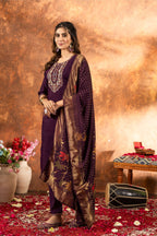 Sonakshi Women's Wine Roman Silk Multi Embroidered Sequins With Hand Work Kurta Set With Dupatta | Grocsy