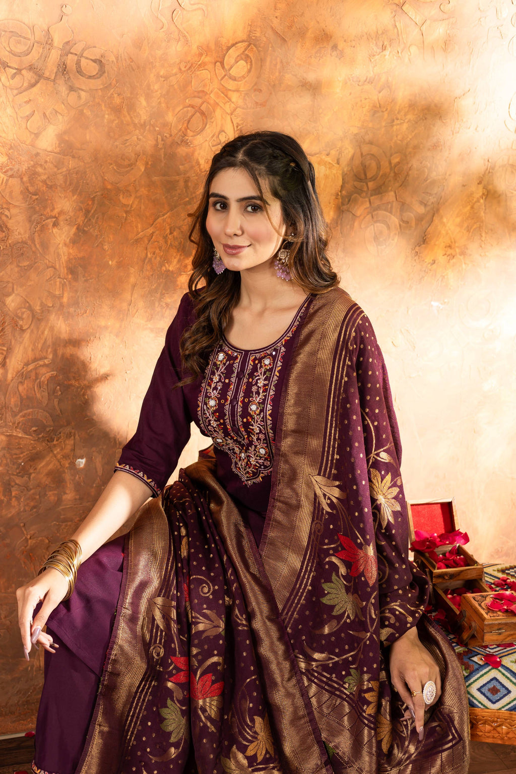 Sonakshi Women's Wine Roman Silk Multi Embroidered Sequins With Hand Work Kurta Set With Dupatta | Grocsy