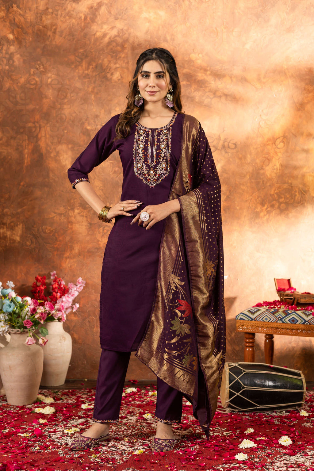 Sonakshi Women's Wine Roman Silk Multi Embroidered Sequins With Hand Work Kurta Set With Dupatta | Grocsy