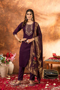 Sonakshi Women's Wine Roman Silk Multi Embroidered Sequins With Hand Work Kurta Set With Dupatta | Grocsy