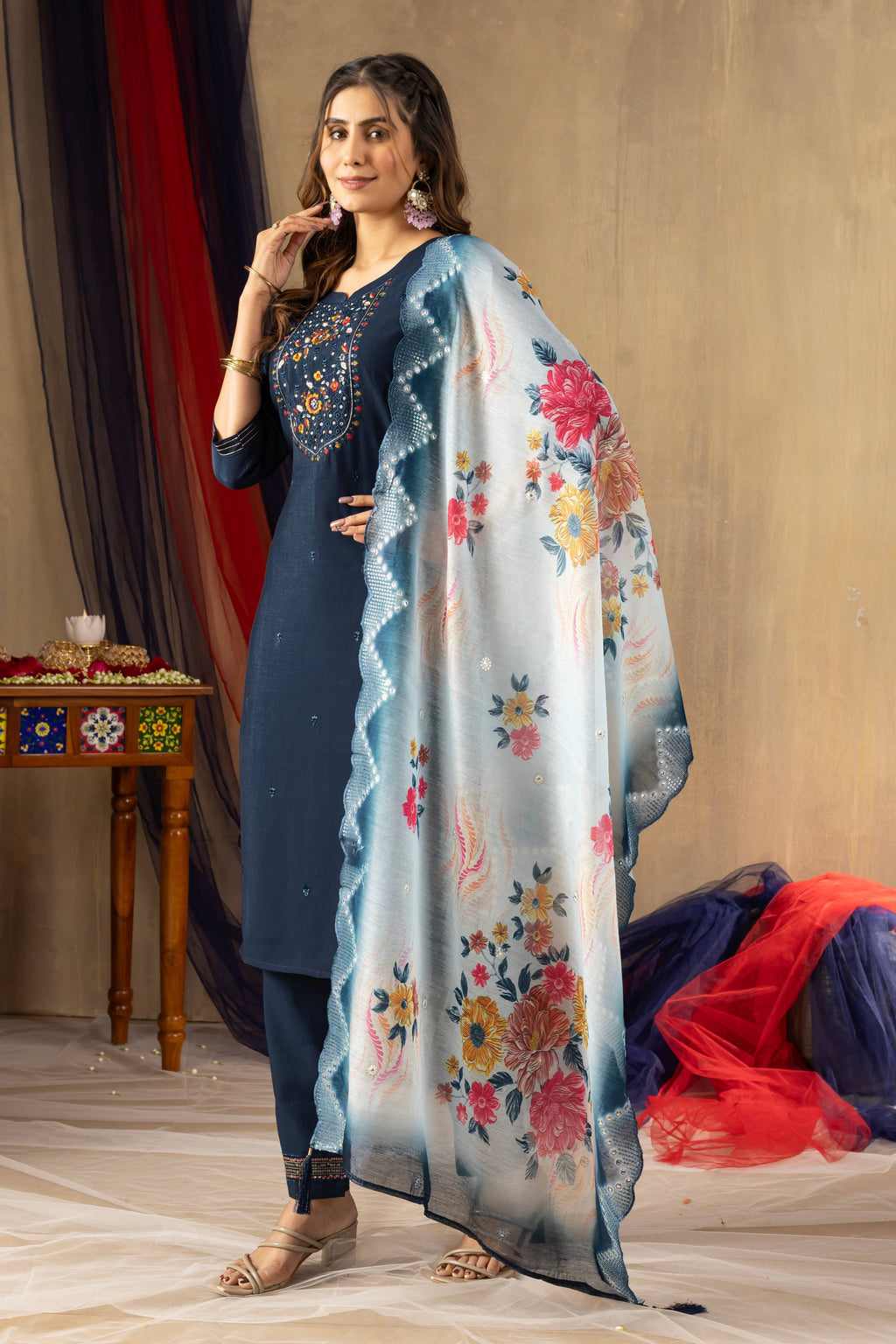 Sonakshi Women's Navy Blue Viscose Mango Silk Multi Embroidered Sequins With Hand Work Kurta Set With Dupatta | Grocsy