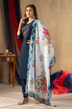 Sonakshi Women's Navy Blue Viscose Mango Silk Multi Embroidered Sequins With Hand Work Kurta Set With Dupatta | Grocsy