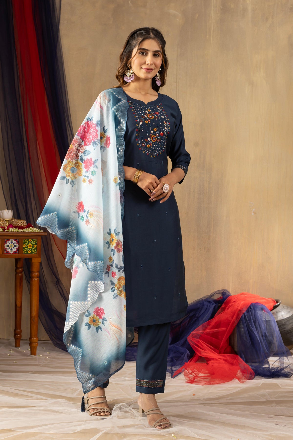 Sonakshi Women's Navy Blue Viscose Mango Silk Multi Embroidered Sequins With Hand Work Kurta Set With Dupatta | Grocsy