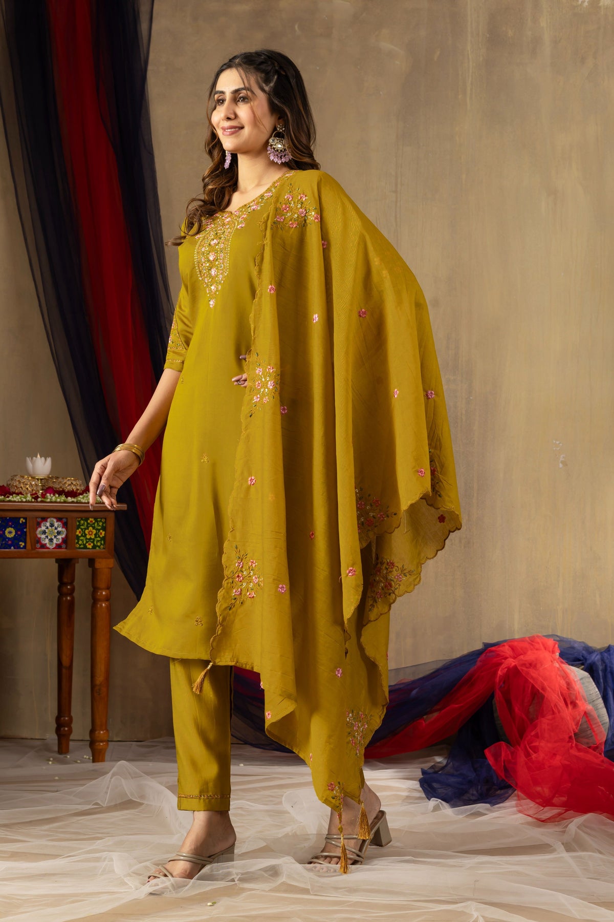 Sonakshi Women's Mustard Roman Silk Multi Embroidered Sequins With Hand Work Kurta Set With Dupatta | Grocsy