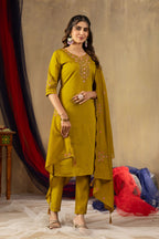 Sonakshi Women's Mustard Roman Silk Multi Embroidered Sequins With Hand Work Kurta Set With Dupatta | Grocsy