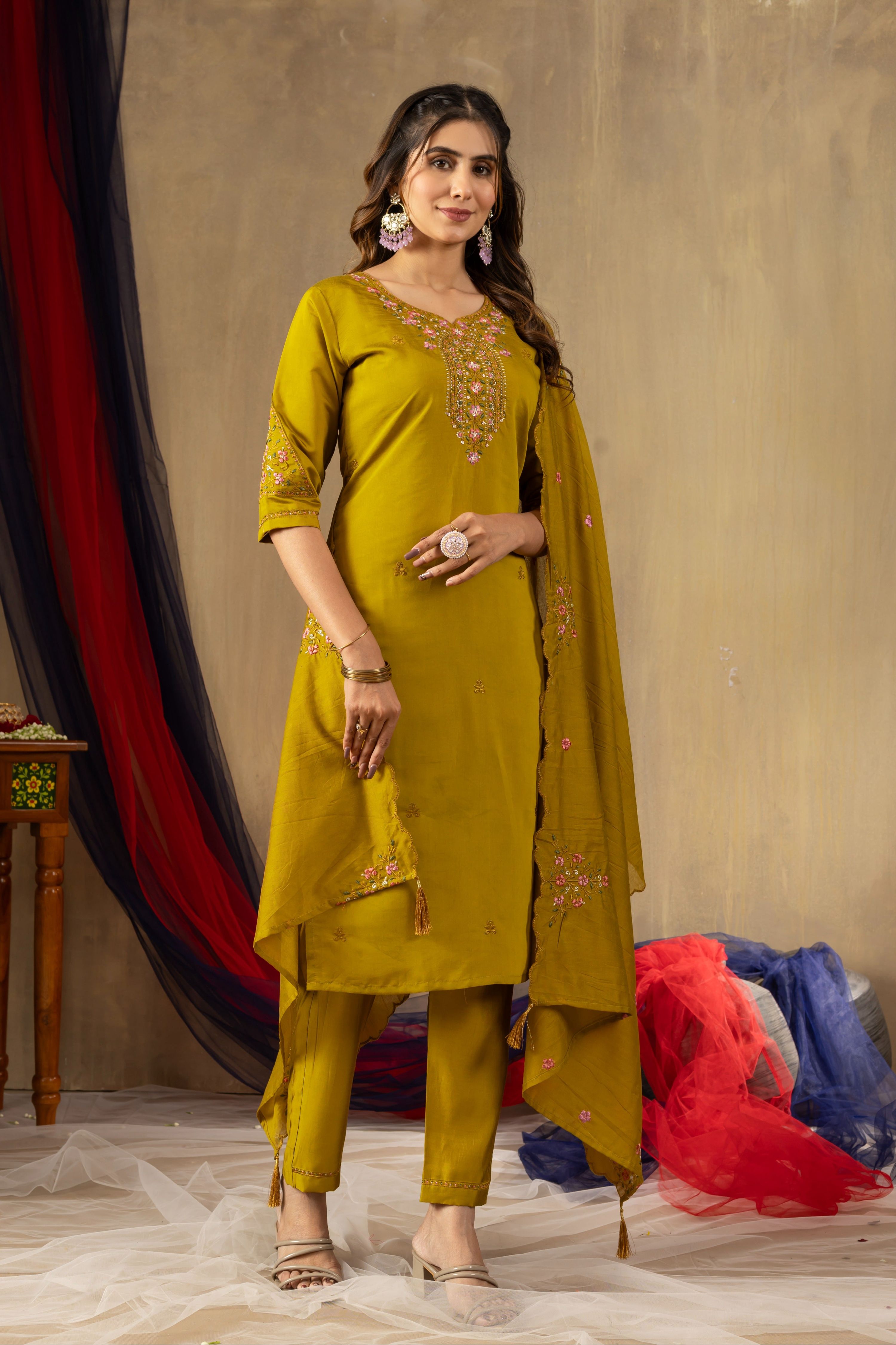 Sonakshi Women's Mustard Roman Silk Multi Embroidered Sequins With Hand Work Kurta Set With Dupatta | Grocsy