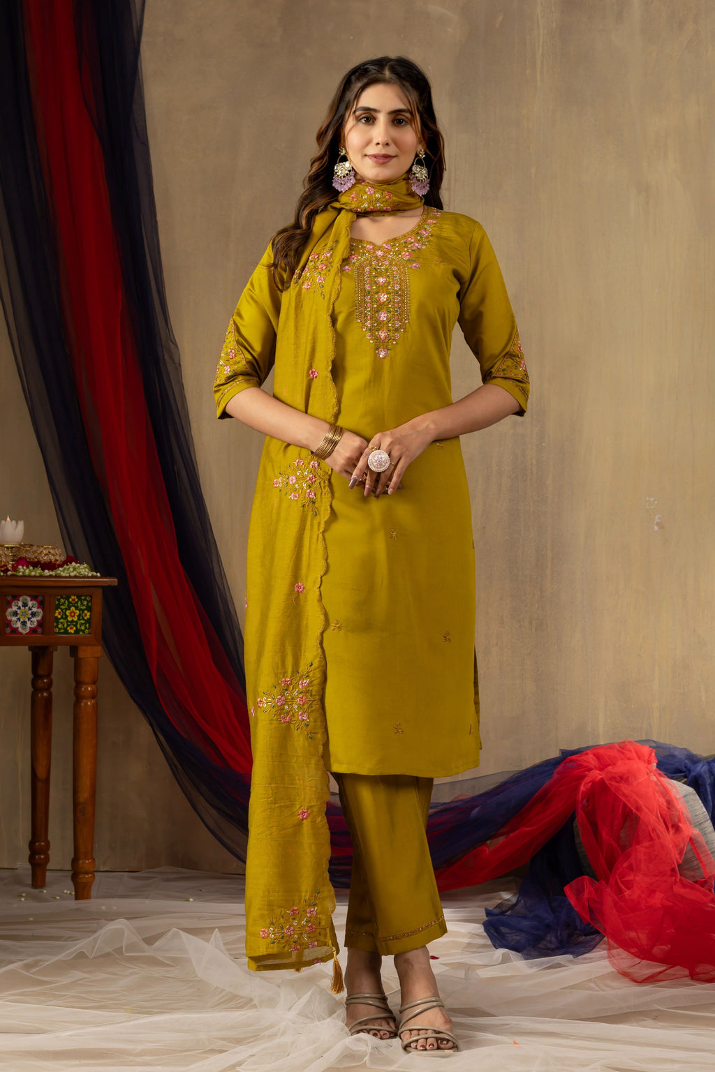 Sonakshi Women's Mustard Roman Silk Multi Embroidered Sequins With Hand Work Kurta Set With Dupatta | Grocsy