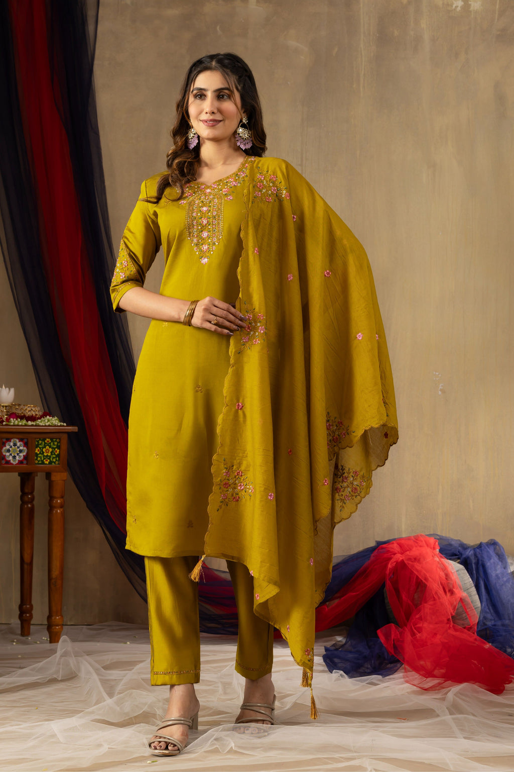 Sonakshi Women's Mustard Roman Silk Multi Embroidered Sequins With Hand Work Kurta Set With Dupatta | Grocsy