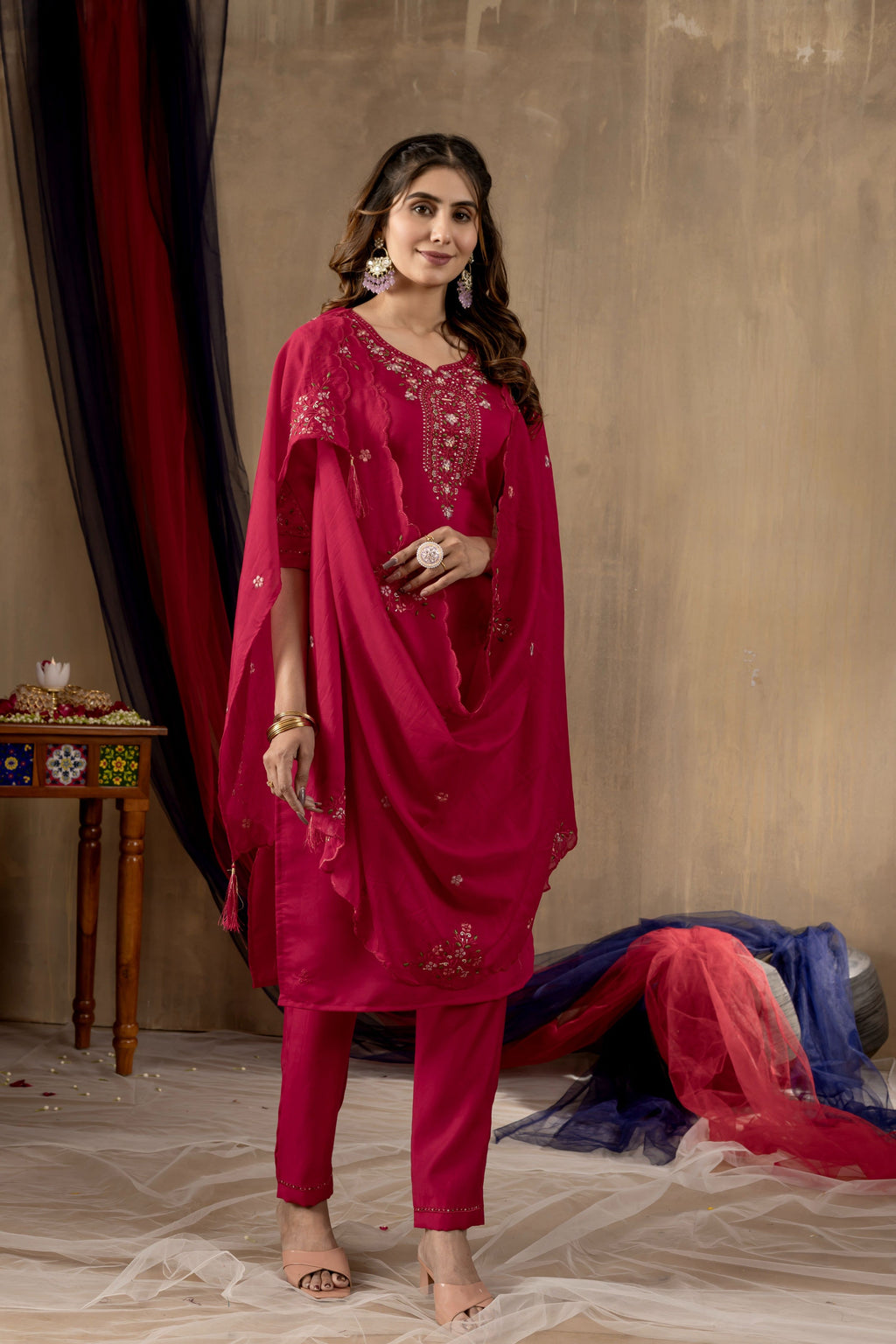 Sonakshi Women's Rani Pink Roman Silk Multi Embroidered Sequins With Hand Work Kurta Set With Dupatta | Grocsy