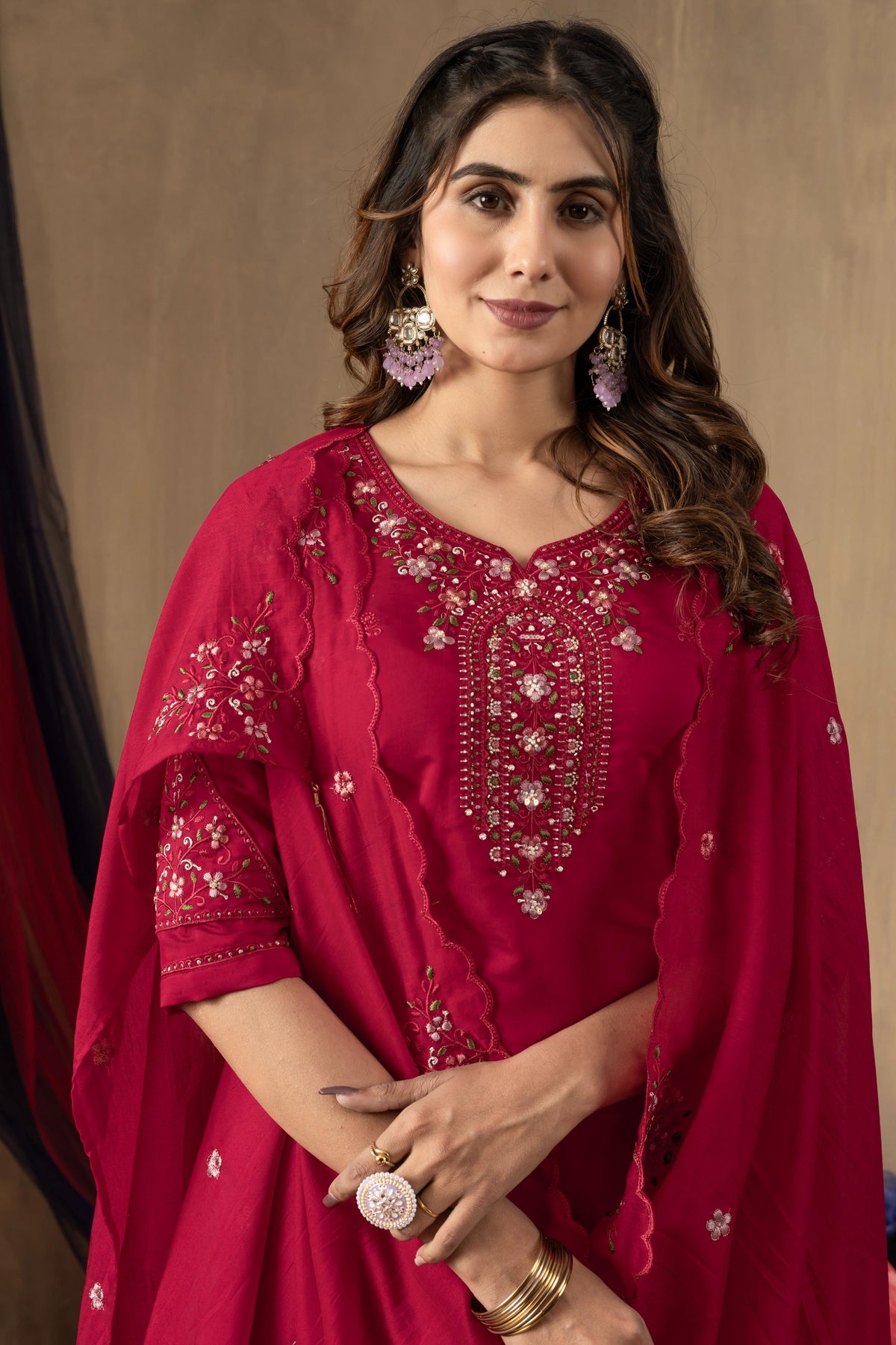Sonakshi Women's Rani Pink Roman Silk Multi Embroidered Sequins With Hand Work Kurta Set With Dupatta | Grocsy