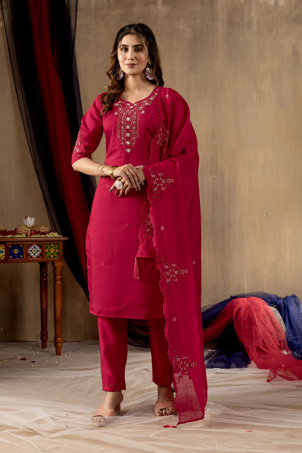 Sonakshi Women's Rani Pink Roman Silk Multi Embroidered Sequins With Hand Work Kurta Set With Dupatta | Grocsy