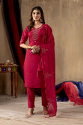Sonakshi Women's Rani Pink Roman Silk Multi Embroidered Sequins With Hand Work Kurta Set With Dupatta | Grocsy
