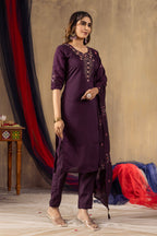 Sonakshi Women's Wine Roman Silk Multi Embroidered Sequins With Hand Work Kurta Set With Dupatta | Grocsy
