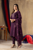 Sonakshi Women's Wine Roman Silk Multi Embroidered Sequins With Hand Work Kurta Set With Dupatta | Grocsy