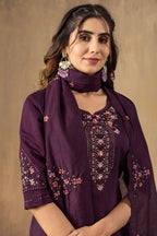 Sonakshi Women's Wine Roman Silk Multi Embroidered Sequins With Hand Work Kurta Set With Dupatta | Grocsy
