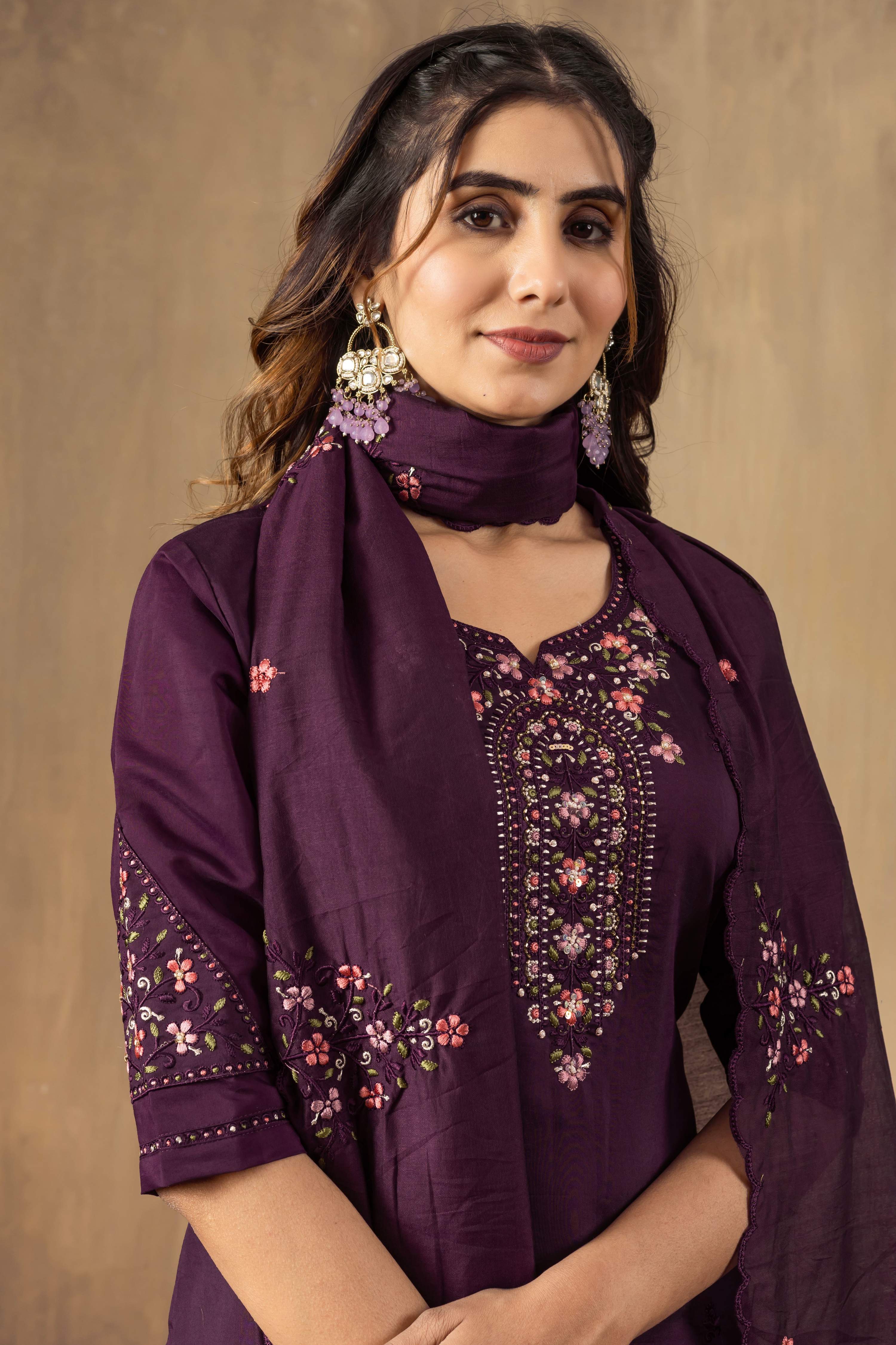 Sonakshi Women's Wine Roman Silk Multi Embroidered Sequins With Hand Work Kurta Set With Dupatta | Grocsy