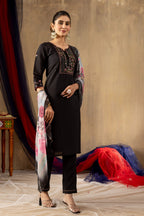 Sonakshi Women's Black Roman Silk Multi Embroidered Sequins With Hand Work Kurta Set With Dupatta | Grocsy