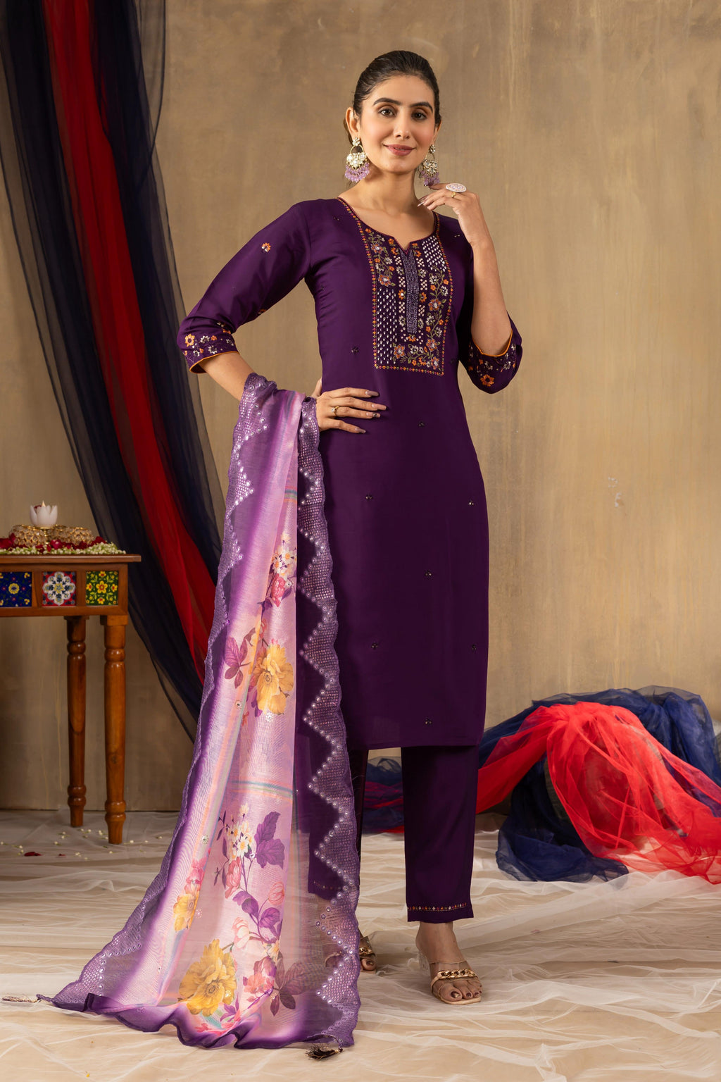 Sonakshi Women's Purple Roman Silk Multi Embroidered Sequins With Hand Work Kurta Set With Dupatta | Grocsy
